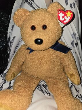 Ty Classic Brown Teddy Bear Plush with Navy Ribbon,  "Fuzz", 1999